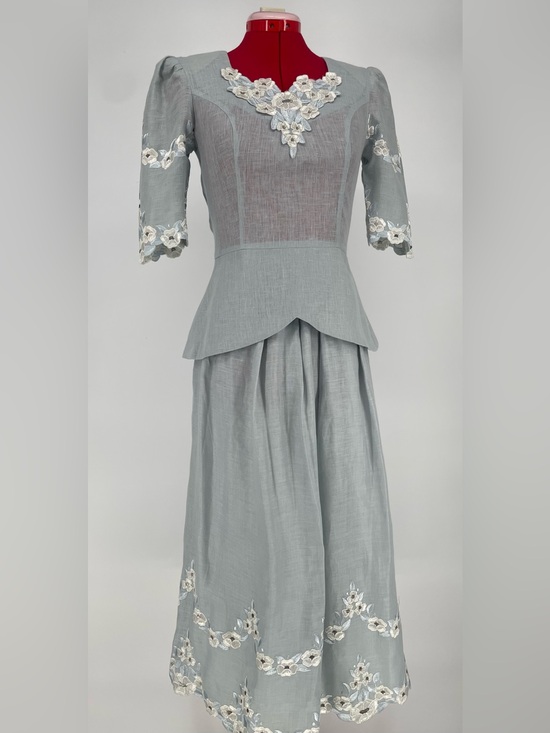 Vintage Dresses & Skirts - 100% Linen 80s Slate Gray Blue 2 Piece Skirt Set Cottagecore Floral Embroidery